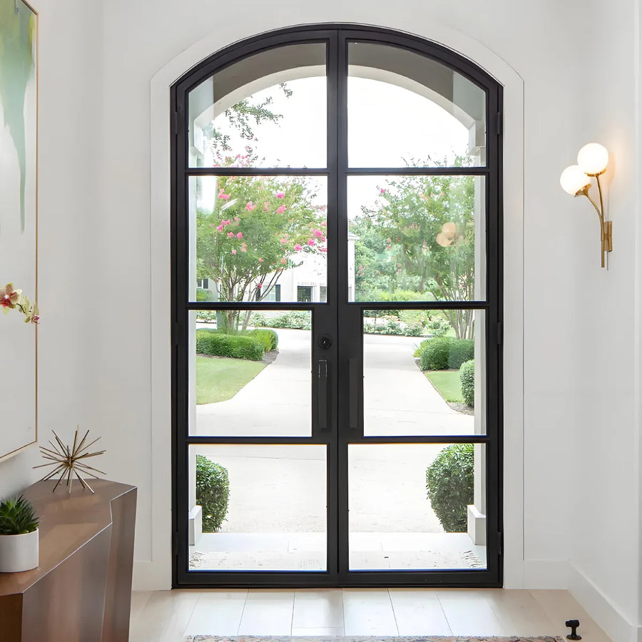 artisan-black-arched-french-door-clear-glass-garden-view-aed-artisanentrydoors.com