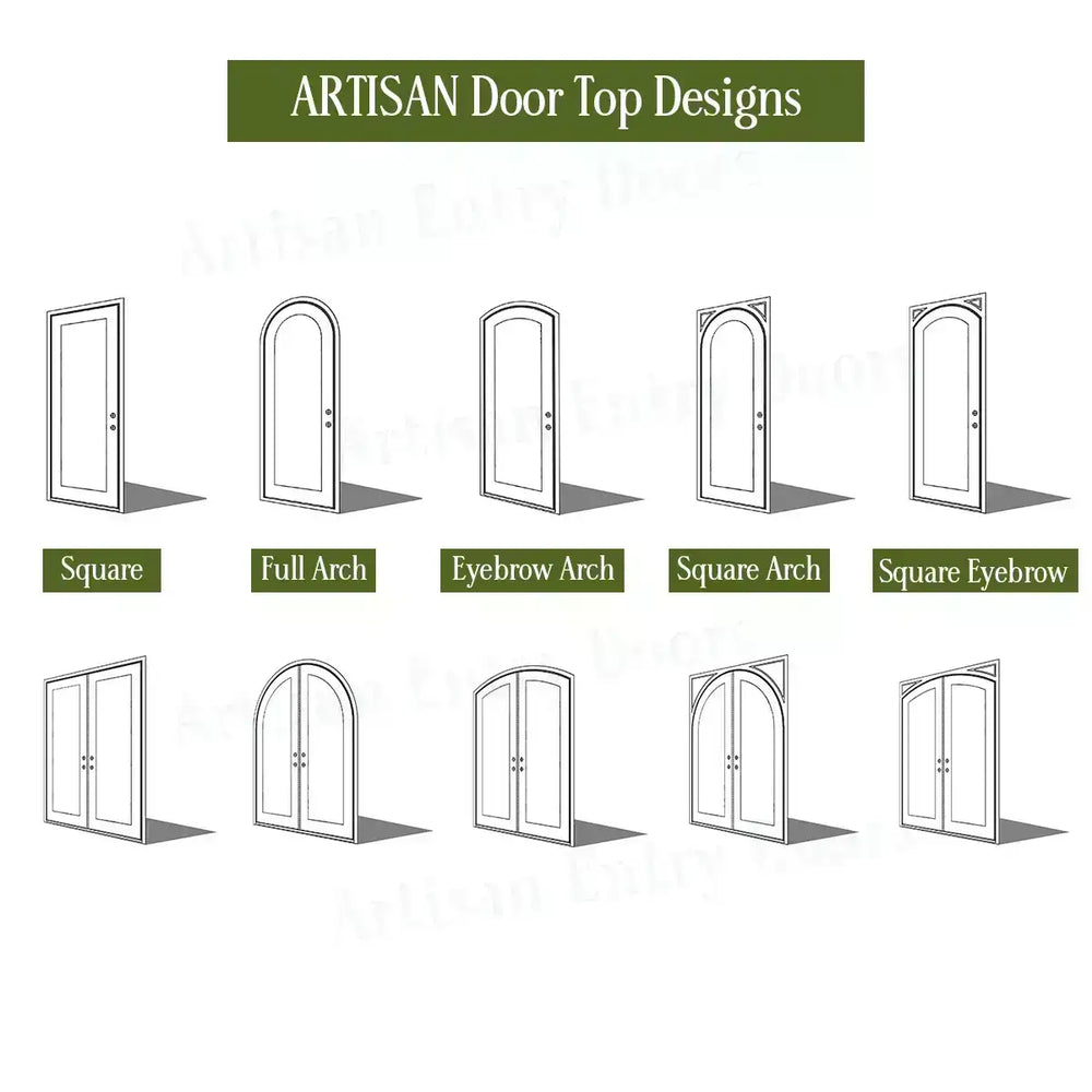 Illustrations of artisan door top designs with labels on a white background