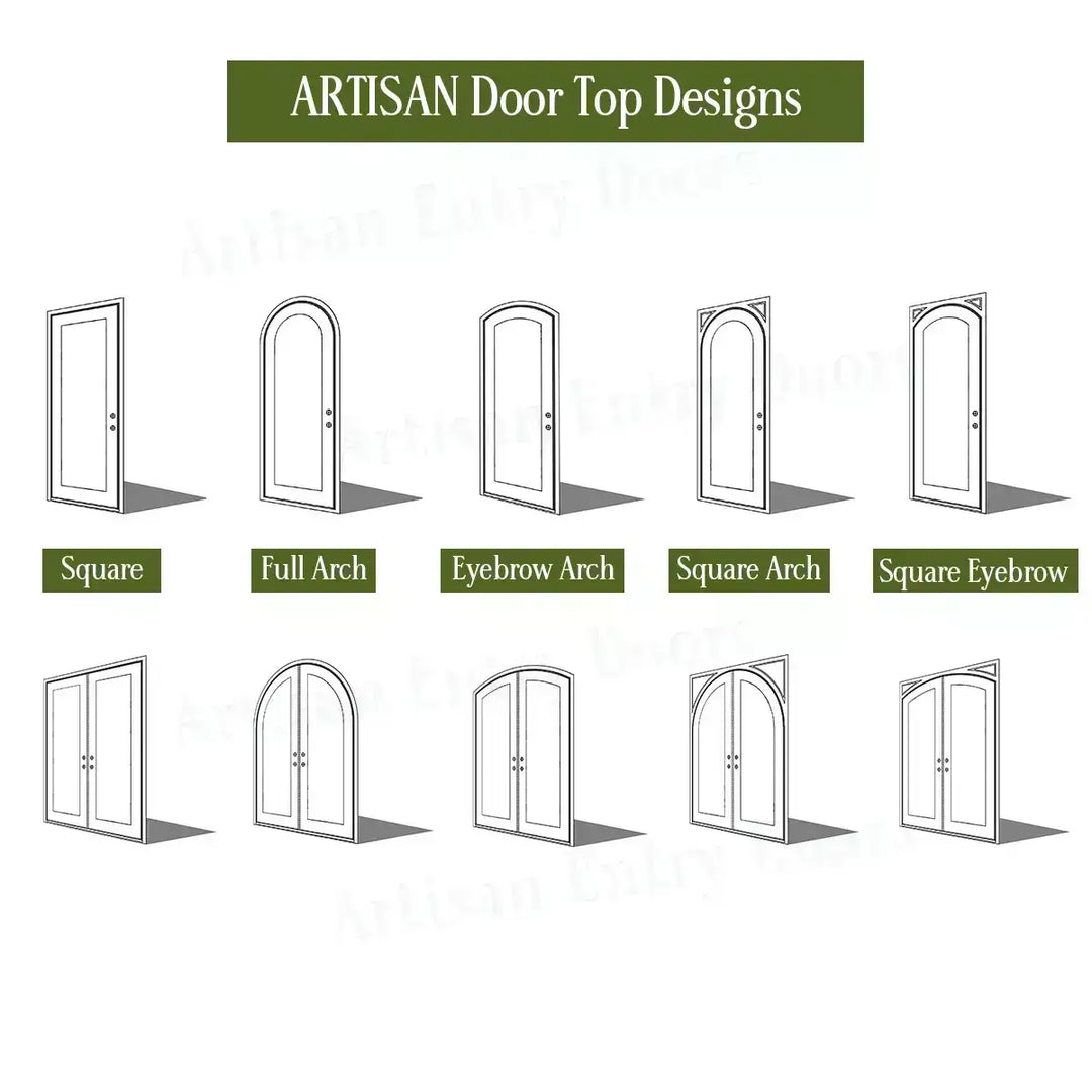 Illustrations of artisan door top designs with labels on a white background
