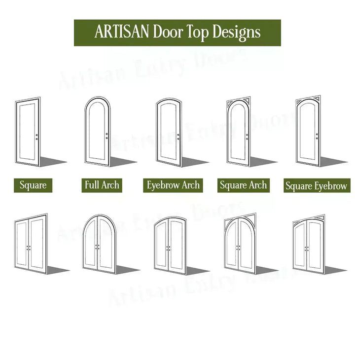 Illustrations of artisan door top designs with labels on a white background
