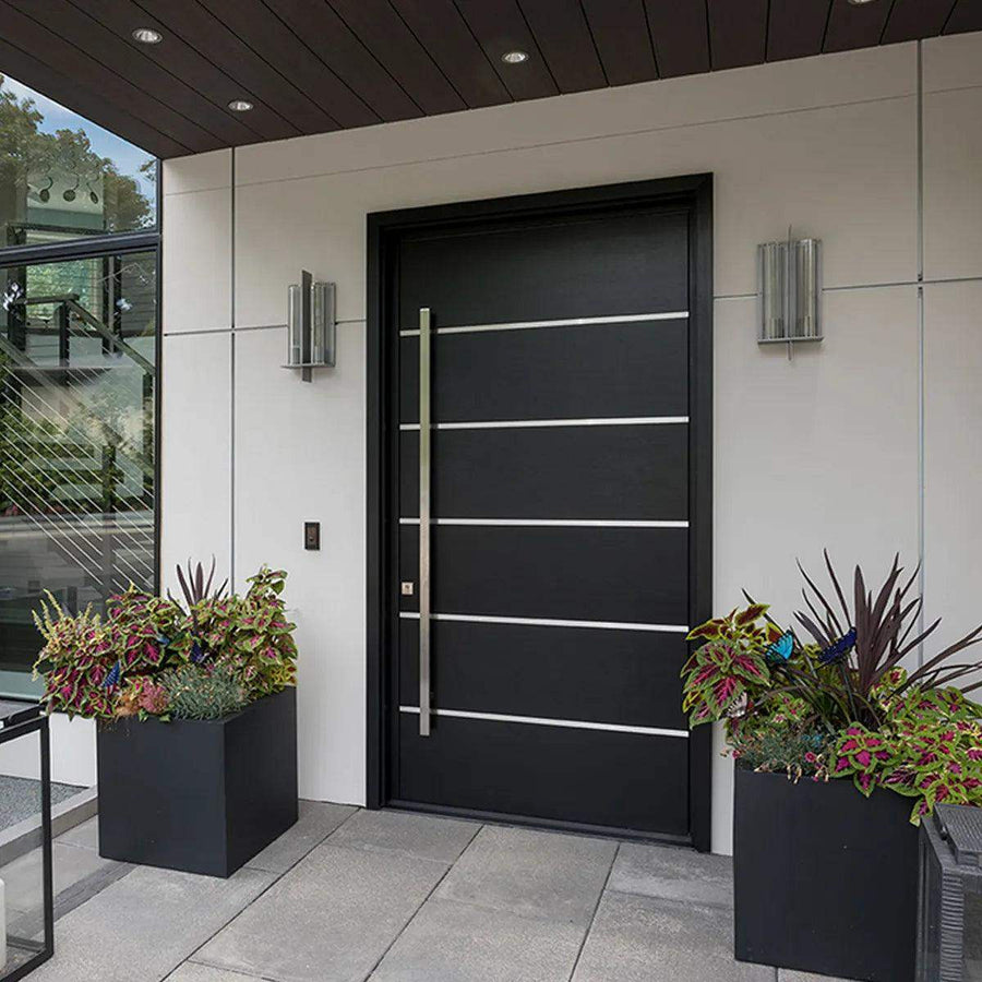 artisan-classic-iron-pivot-door-stainless-steel-strip-long-custom-handles-aed-artisanentrydoors