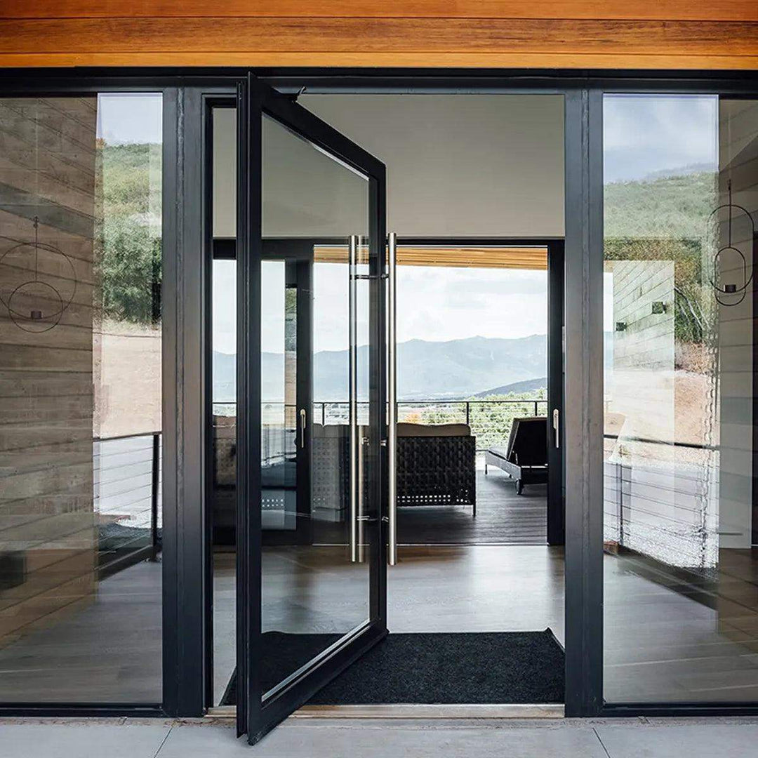 artisan-contemporary-full-glass-panel-slim-black-frame-clear-glass-custom-crafted-long-pull-handle-aed-artisanentrydoors