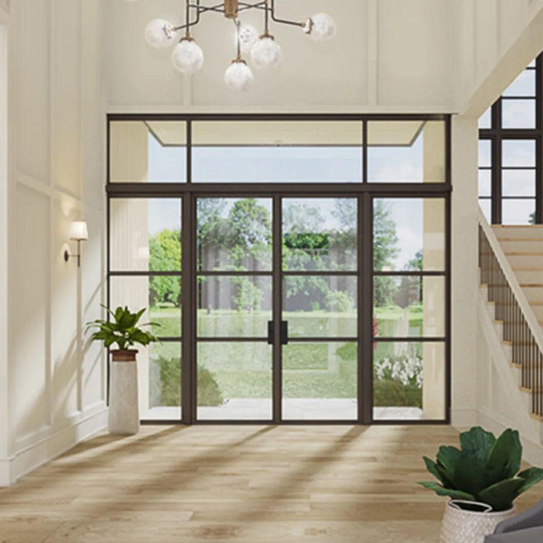artisan-modern-steel-double-entry-door-sidelights-transom-symmetric-grid-glass-panels-minimalist-handle-aed-artisanentrydoors