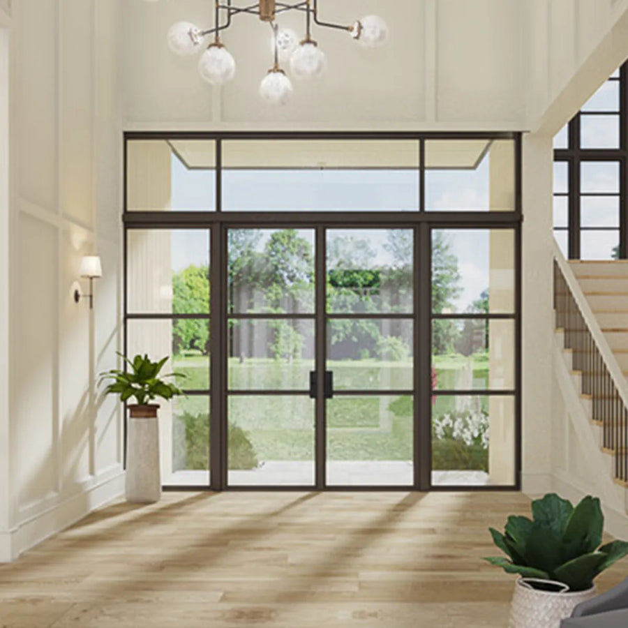 artisan-modern-steel-double-entry-door-sidelights-transom-symmetric-grid-glass-panels-minimalist-handle-aed-artisanentrydoors