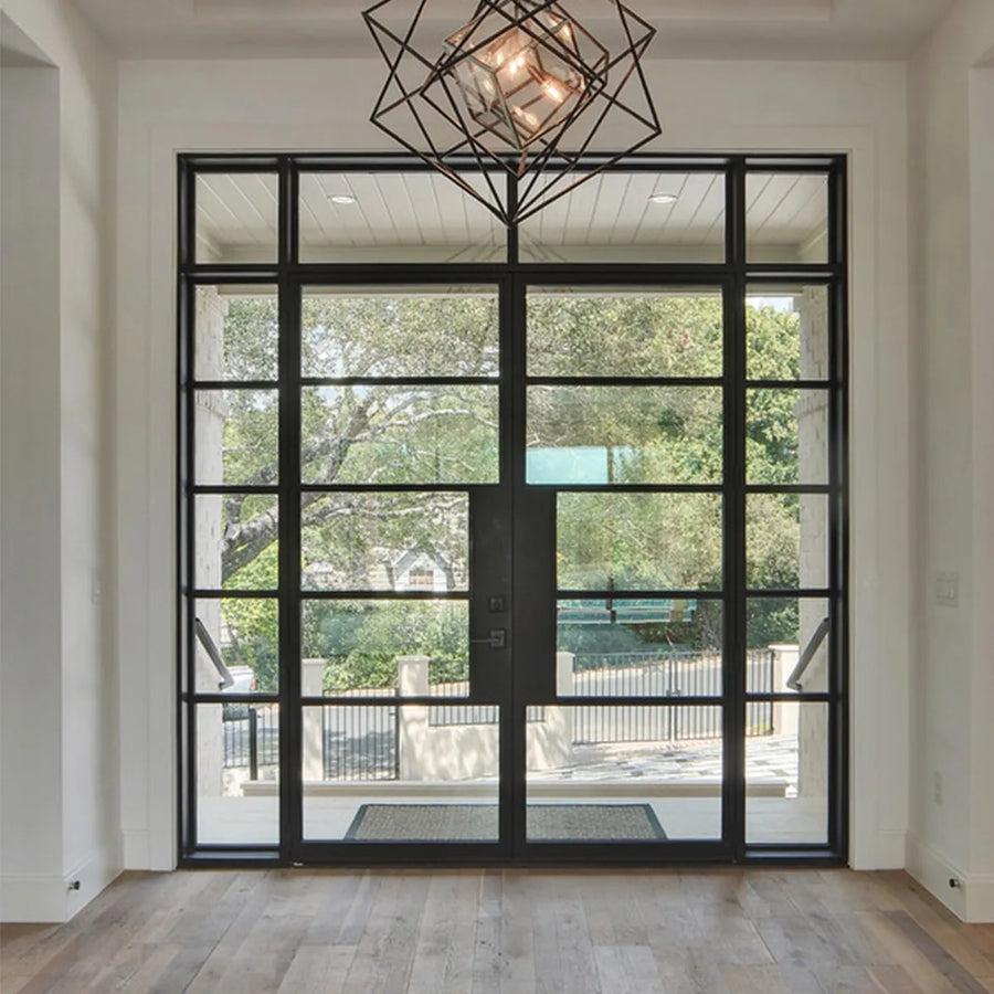 artisan-industrial-french-iron-double-doors-with-sidelights-transom-durable-black-frame-modern-security-aed-artisanentrydoors