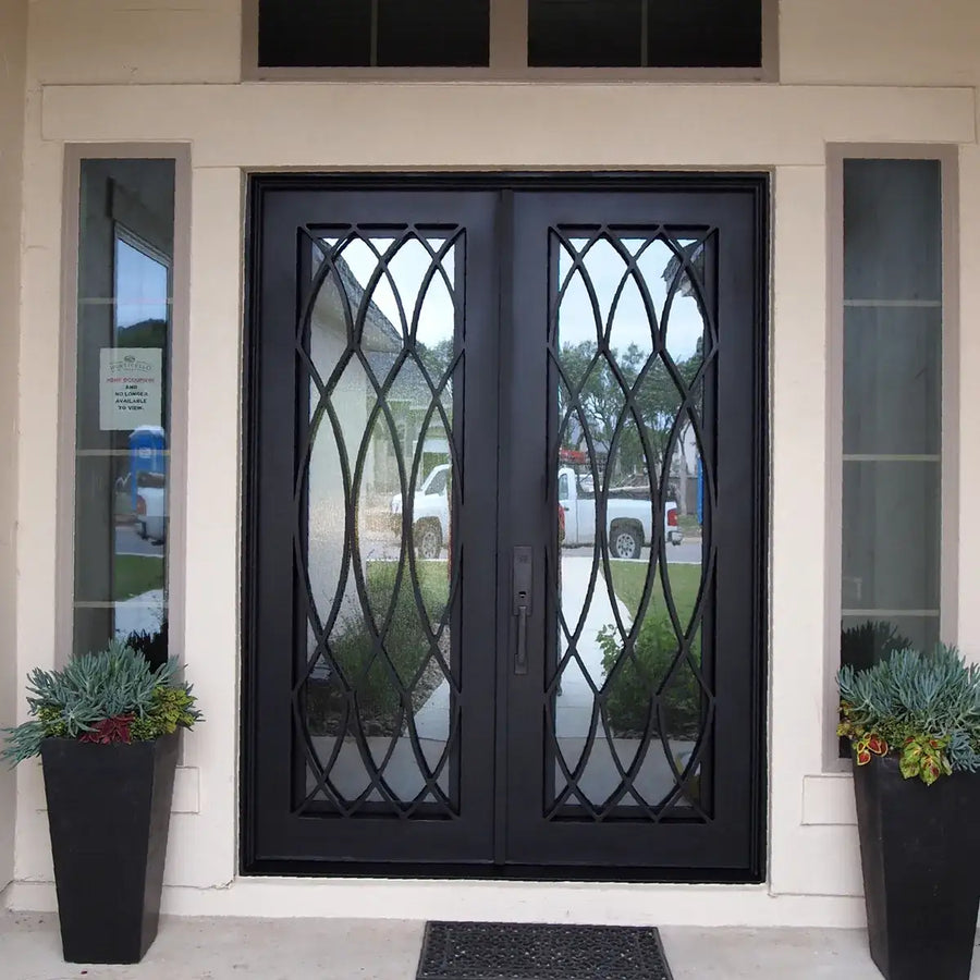 artisan-black-iron-double-door-geometric-lattice-security-gateway-residential-main-access-point-aed-artisanentrydoors
