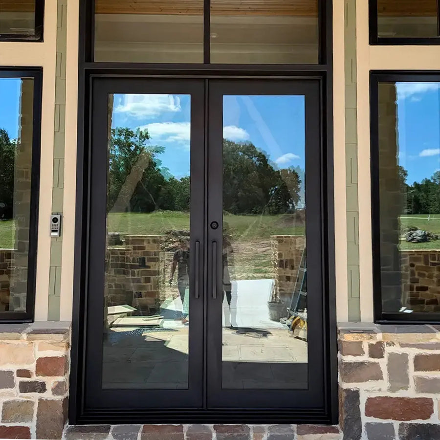artisan-modern-residential-black-iron-french-door-with-transom-clear-glass-aed-artisanentrydoors