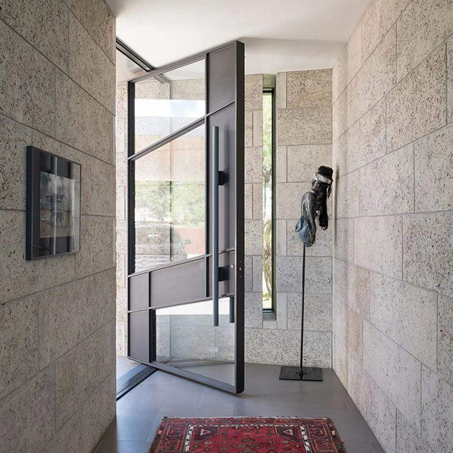 artisan-irregular-cut-iron-panel-and-clear-glass-aed-stainless-steel-handles-aed-artisanentrydoors