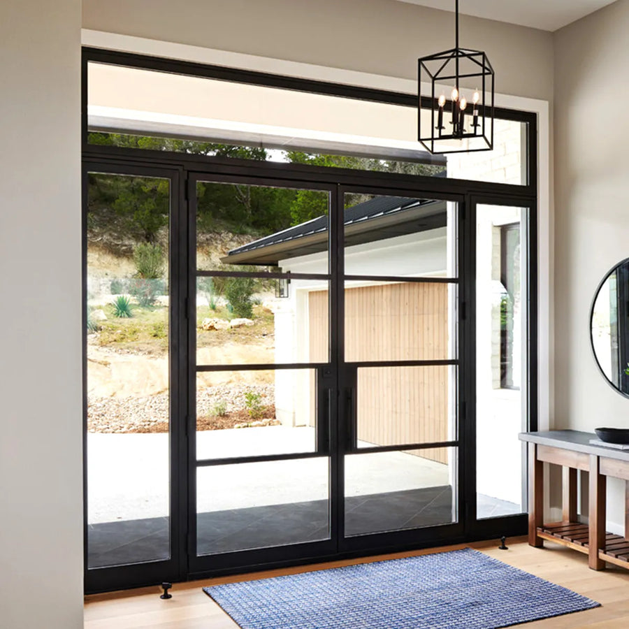 sleek-residential-double-entry-iron-door-with-transom-sidelights-minimalist-design-security-glass-aed-artisanentrydoors