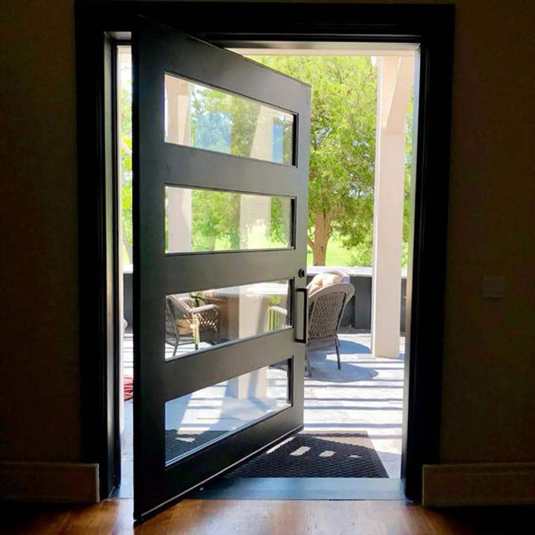 artisan-four-symmetrical-clear-glass-panels-modern-minimalism-steel-pivot-door-aed-artisanentrydoors