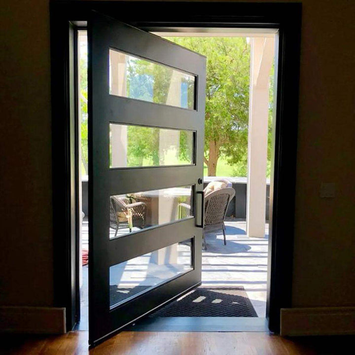 artisan-four-symmetrical-clear-glass-panels-modern-minimalism-steel-pivot-door-aed-artisanentrydoors
