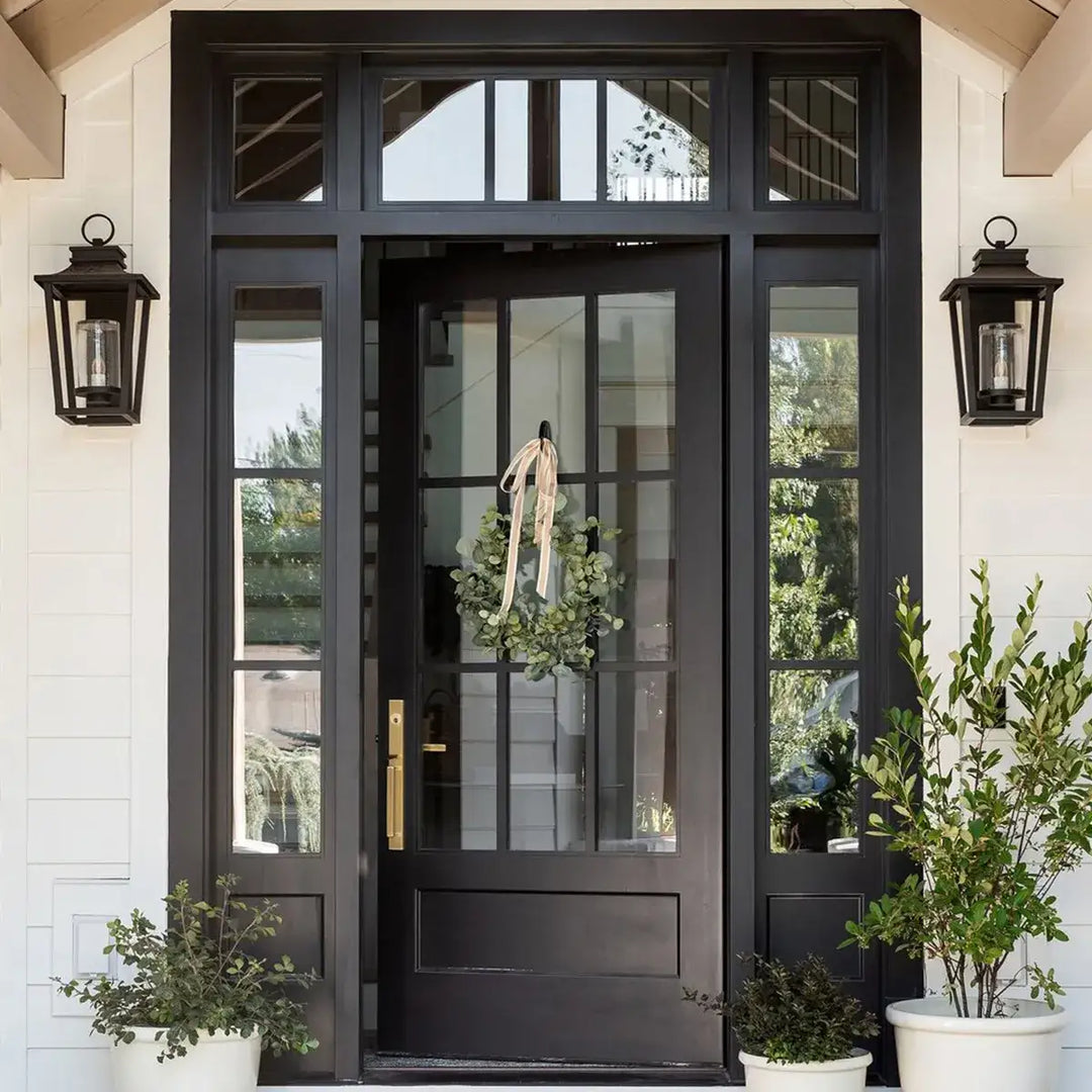 artisan-modern-black-entry-single-sidelights-transom-door-clear-glass-satin-brass-handle-classic-frame