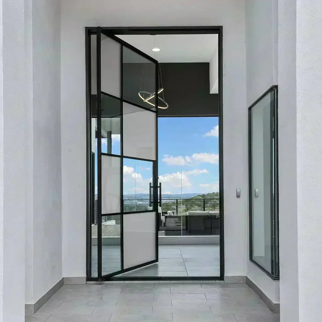 artisan-iron-pivot-door-modern-design-clear-frosted-glass-aed-artisanentrydoors