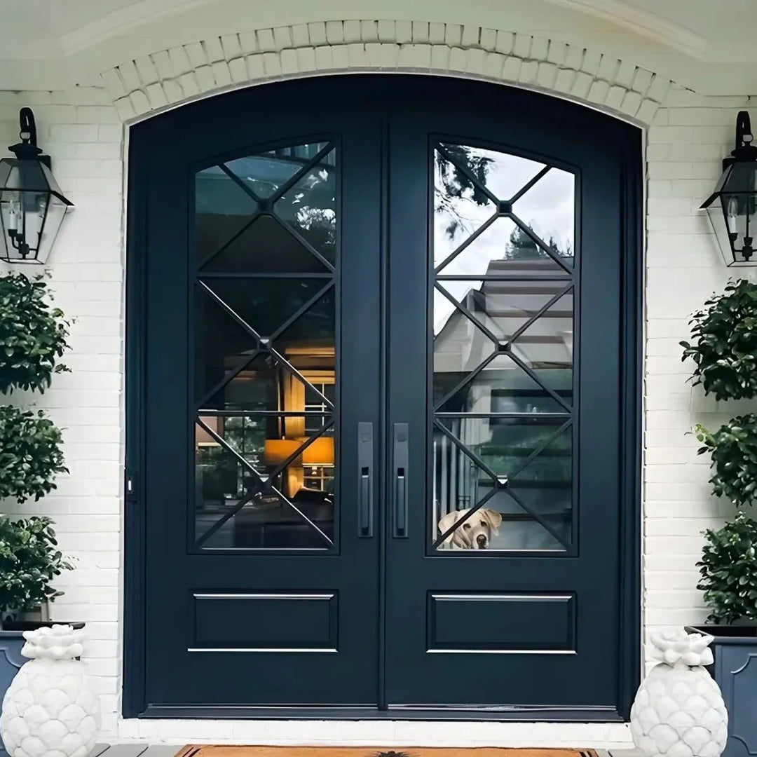 ARTISAN Essentials Modern Double Entry Iron Door Designer Grid Pattern AED-ID022