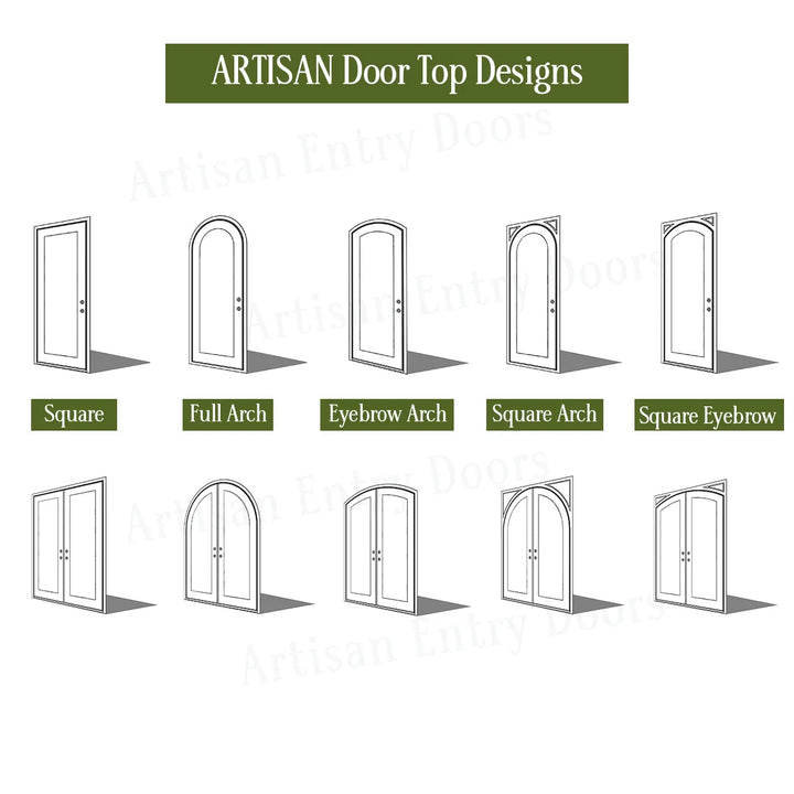 Illustrations of artisan door top designs with labels on a white background
