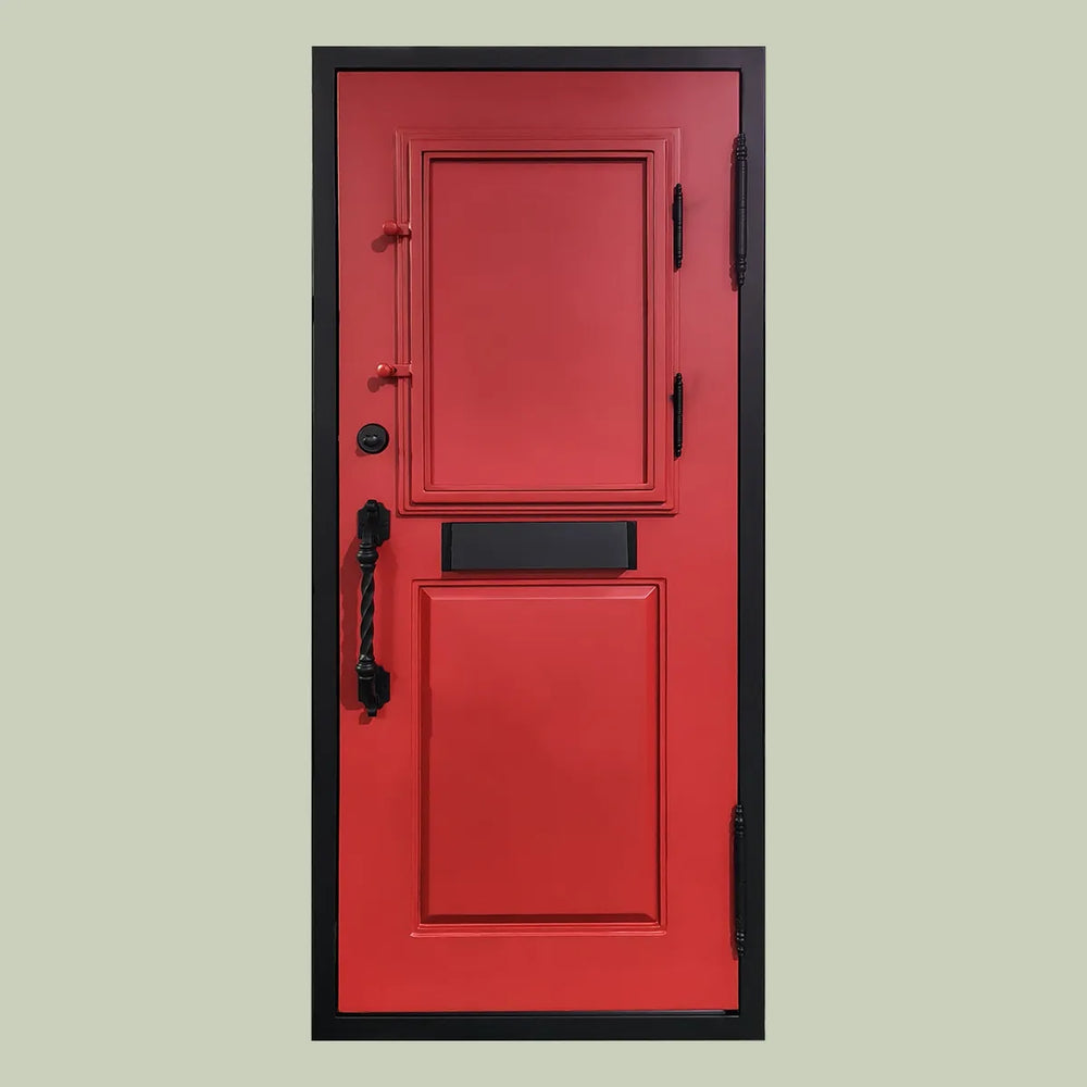 artisan-front-iron-single-door-decorative-active-scroll-window-red-panel-black-frame-mail-slot-no-glass-back-view-aed-artisanentrydoors