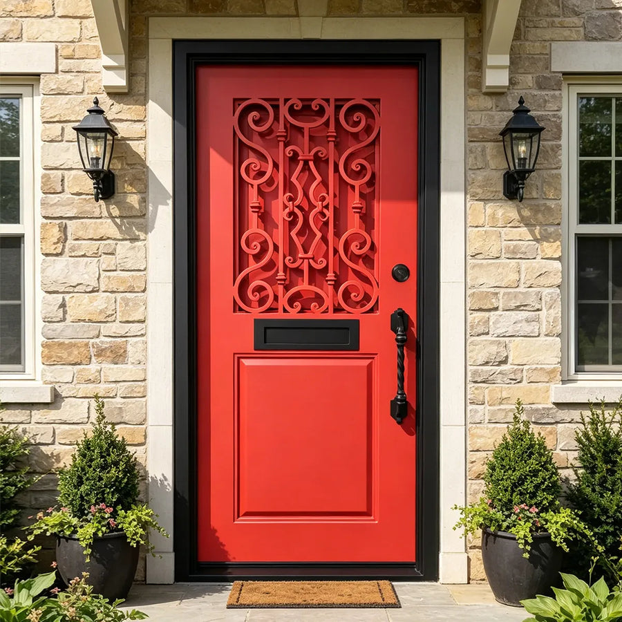 artisan-residential-front-iron-single-door-decorative-active-scroll-window-red-panel-black-frame-mail-slot-no-glass-aed-artisanentrydoors