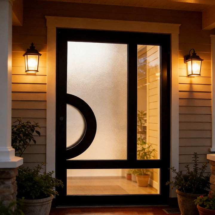 artisan-architectural-iron-pivot-door-frosted-and-clear-glass-geometric-accent-aed-artisanentrydoors