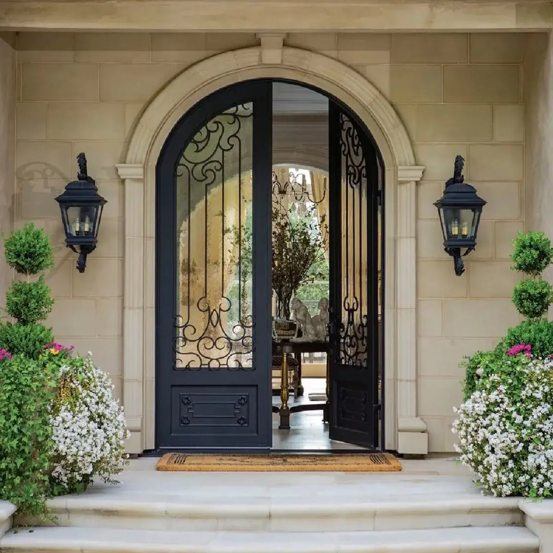 artisan-double-iron-door-with-active-window-statement-entrance-aed-artisanentrydoors