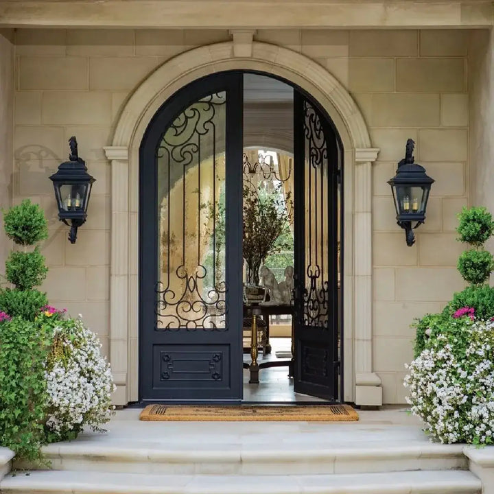 artisan-double-iron-door-with-active-window-statement-entrance-aed-artisanentrydoors