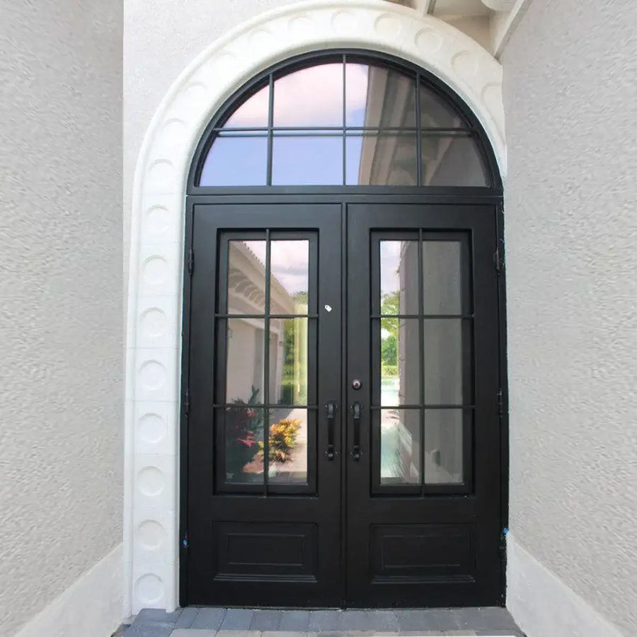artisan-garden-black-iron-front-double-door-with-round-transom-clear-glass-6-lite-aed-artisanentrydoors