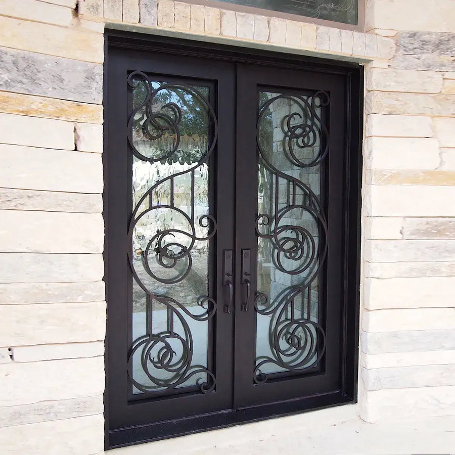 artisan-black-iron-double-door-ornate-scroll-clear-glass-patio-entryway-aed-artisanentrydoors