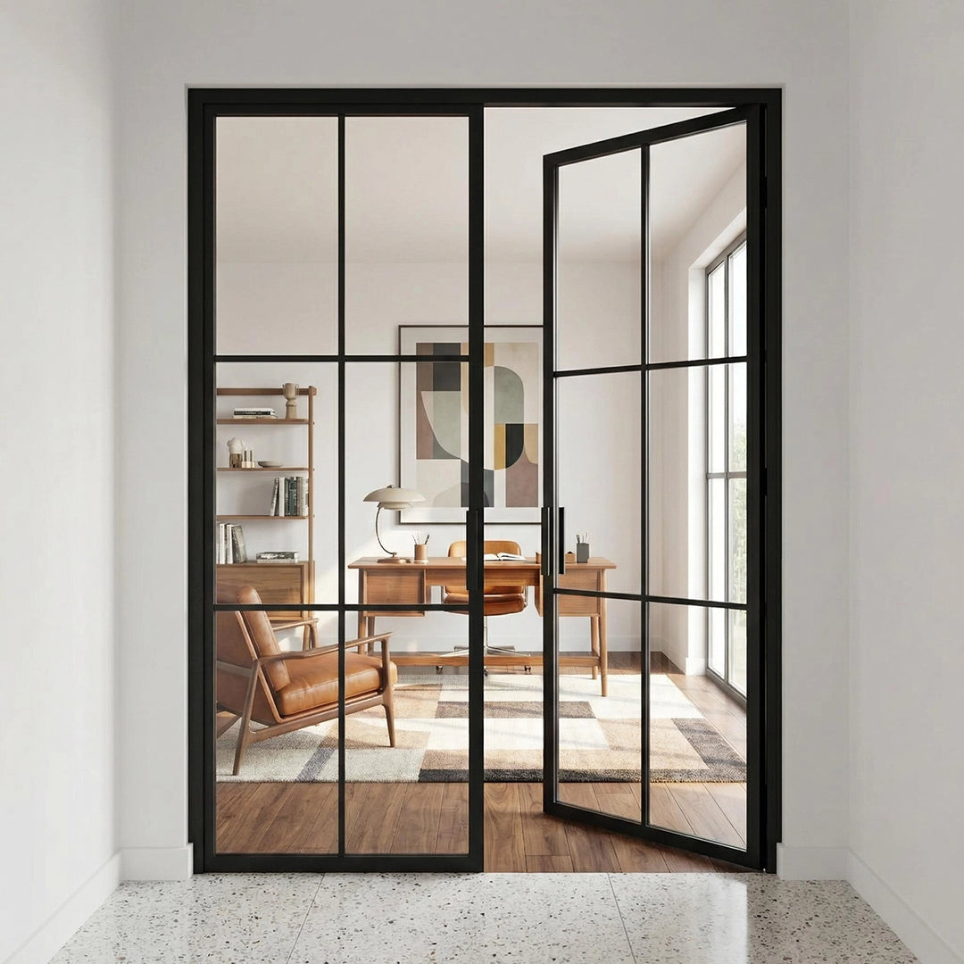 artisan-office-steel-glass-double-door-clear-glass-6-lite-grid-minimal-handle-clean-line-aed-artisanentrydoors