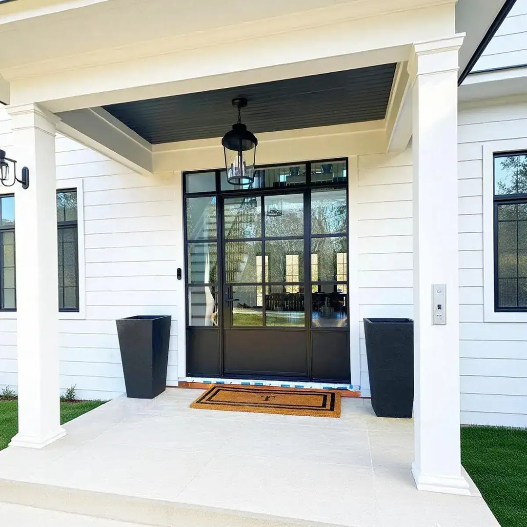 artisan-designer-iron-frnch-door-with-sidelights-and-transom-clear-glass-modern-grid-aed-artisanentrydoors