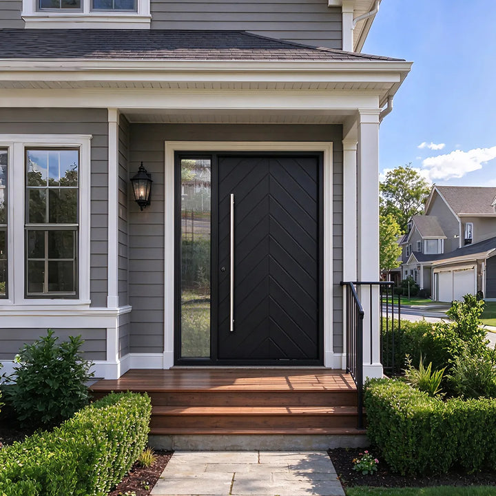 artisan-custom-iron-pivot-door-full-panel-chevron-pattern-high-security-long-handle-aed-artisanentrydoors