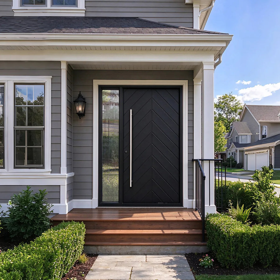 artisan-custom-iron-pivot-door-full-panel-chevron-pattern-high-security-long-handle-aed-artisanentrydoors