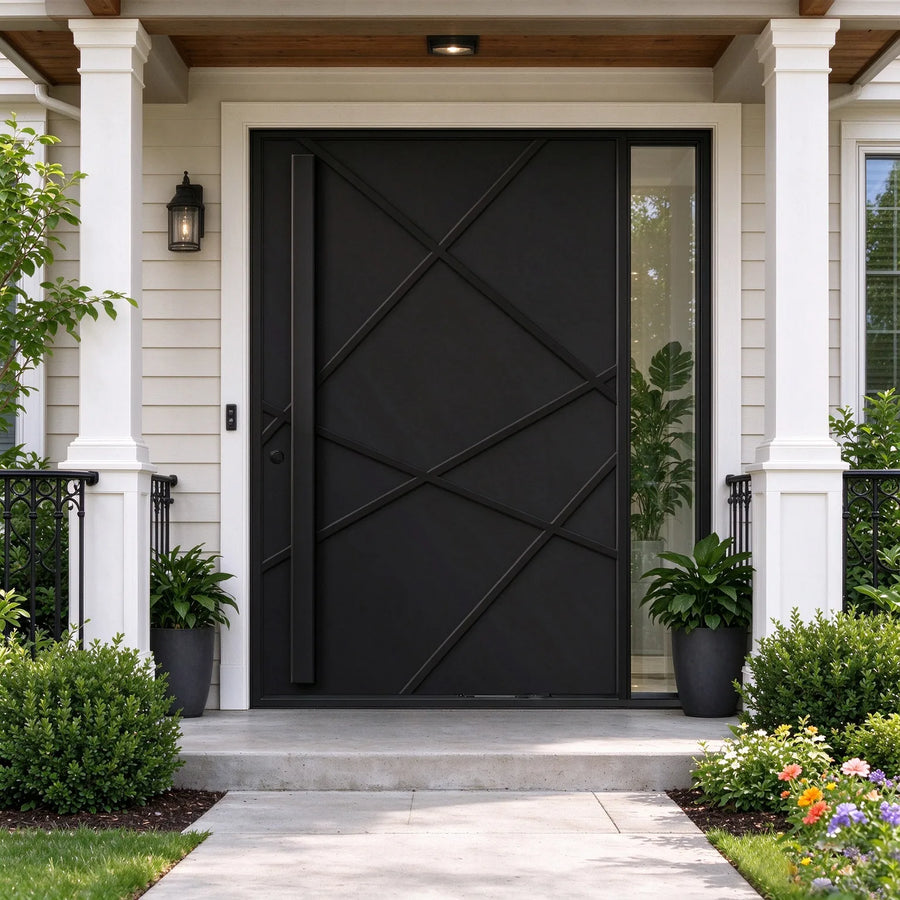 artisan-classic-geometric-design-sturdy-iron-panel-pivot-door-with-sidelight-clear-glass-matte-black-aed-artisanentrydoors