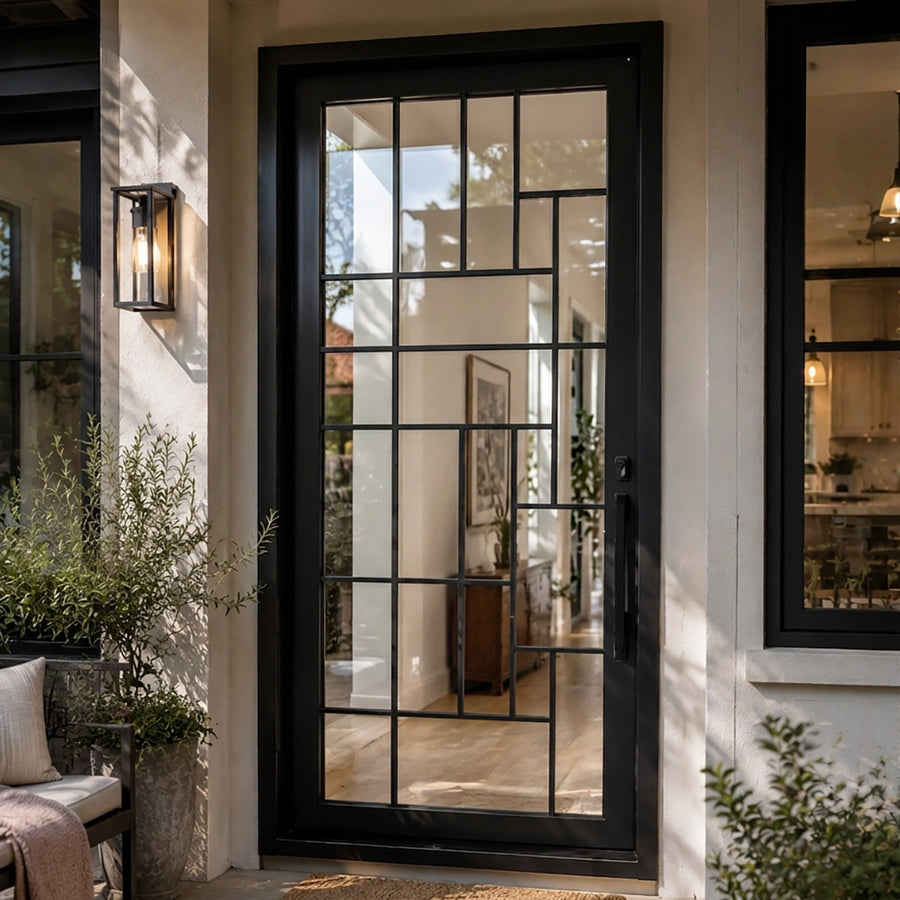 artisan-custom-residential-pivot-entry-door-asymmetrical-grid-clear-glass-black-frame-square-top-aed-artisanentrydoors