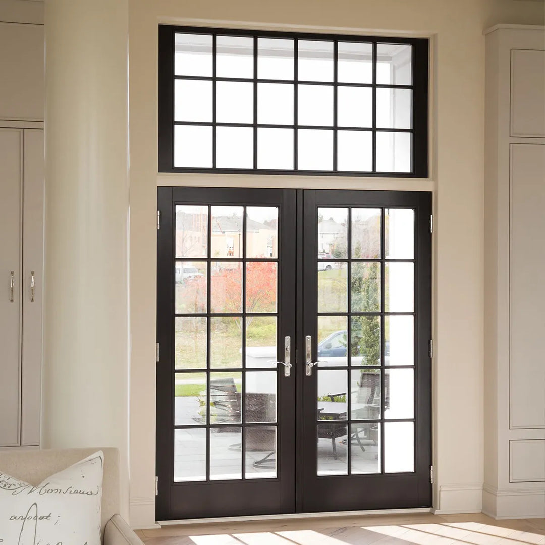 artisan-classic-iron-french-door-with-glass-transom-window-indoor-outdoor-view-black-frame-aed-artisanentrydoors