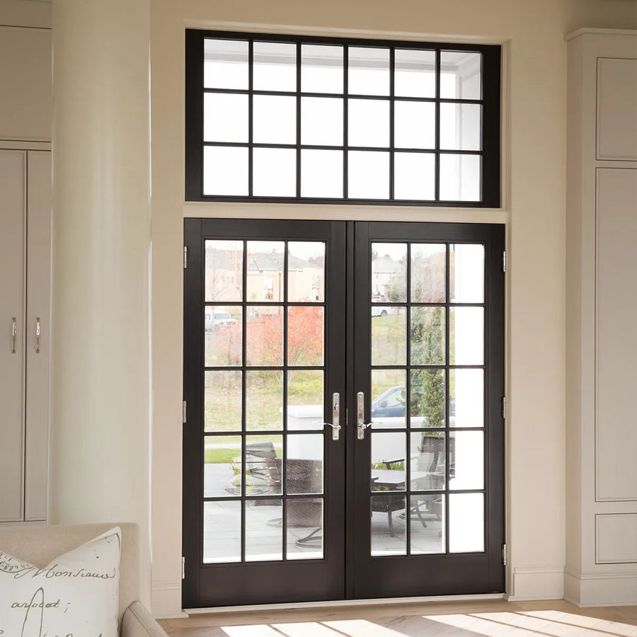 artisan-classic-iron-french-door-with-glass-transom-window-indoor-outdoor-view-black-frame-aed-artisanentrydoors
