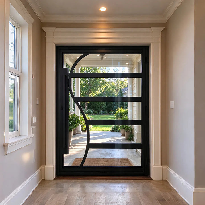 artisan-residential-pivot-iron-door-multi-horizontal-grid-clear-glass-black-square-frame-aed-artisanentrydoors
