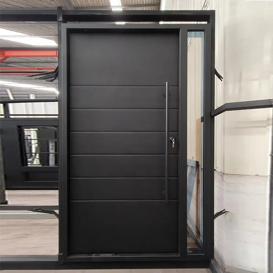 artisan-in-stock-iron-pivot-door-with-single-sidelight-gray-glass-artisanentrydoors