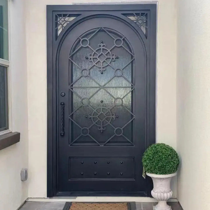 artisan-iron-security-single-door-matte-black-square-top-round-inside-active-window-aed-artisanentrydoors