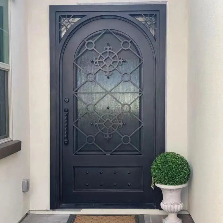 artisan-iron-security-single-door-matte-black-square-top-round-inside-active-window-aed-artisanentrydoors