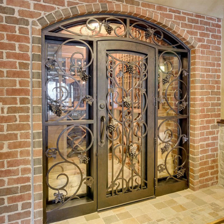 artisan-wrought-iron-wine-cellar-door-with-grape-scroll-sidelights-arched-transom-clear-glass-aed-artisanentrydoors