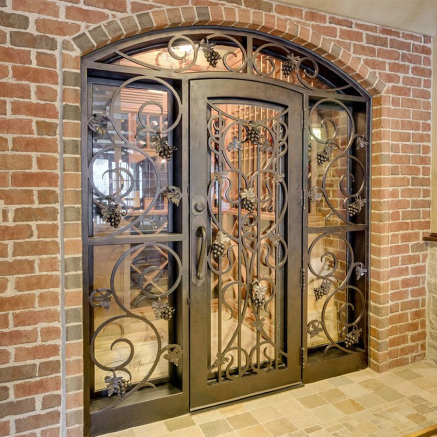 artisan-wrought-iron-wine-cellar-door-with-grape-scroll-sidelights-arched-transom-clear-glass-aed-artisanentrydoors