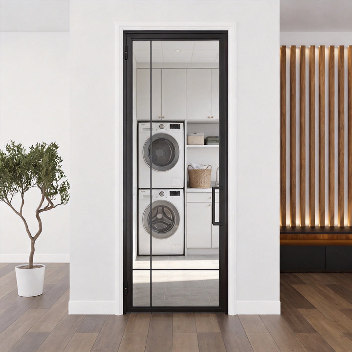 artisan-laundry-room-steel-single-door-clear-glass-slim-frame-matte-black-minimal-grid-aed-artisanentrydoors