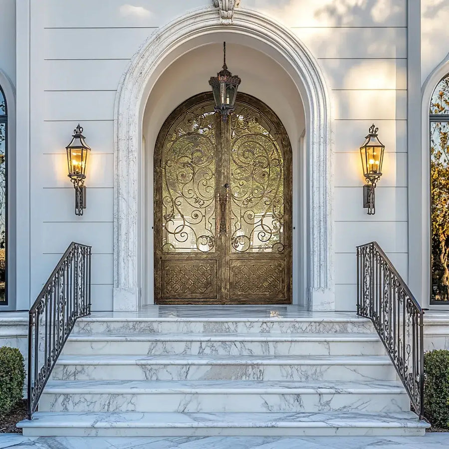 artisan-luxury-residential-wrought-iron-door-with-scrollwork-frosted-glass-vintage-classic-design-aed-artisanentrydoors