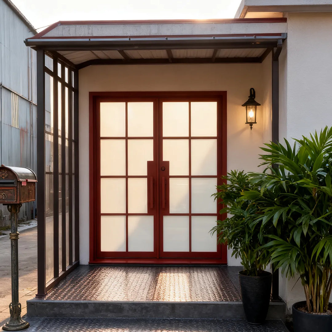 artisan-modern-custom-red-color-iron-double-french-door-with-frosted-glass-and-minimalist-handleset-aed-artisanentrydoors