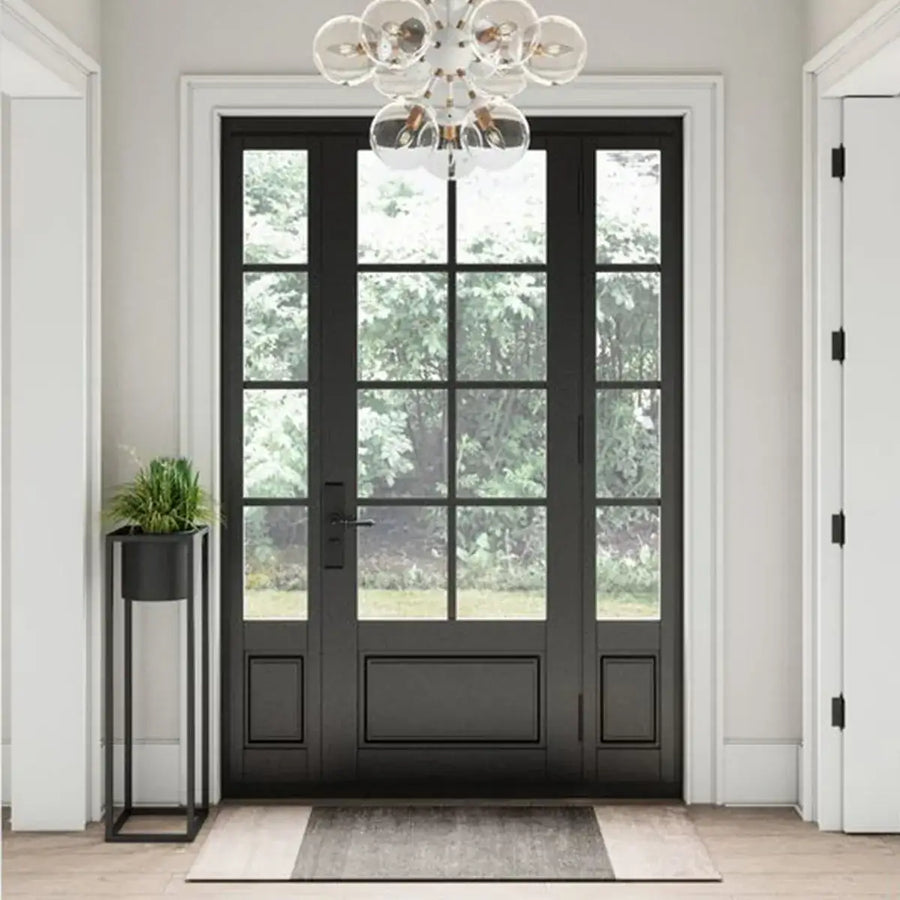 A front door with clear tempered glass panels and sidelights, leading to a well-lit interior with a decorative chandelier, a potted plant, and a light-colored rug.