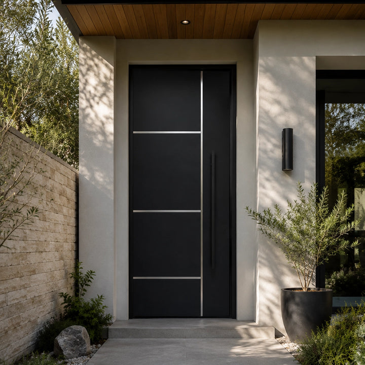 artisan-custom-residential-pivot-door-black-steel-panel-with-stainless-steel-lines-long-handle-aed-artisanentrydoors