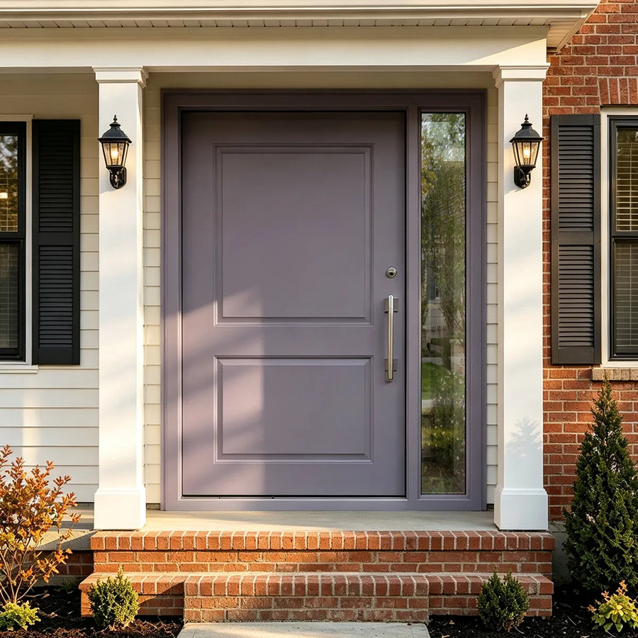 artisan-modern-residential-pivot-iron-front-door-dusty-lilac-solid-panel--with-clear-glass-sidelight-stainless-steel-handle-aed-artisanentrydoors