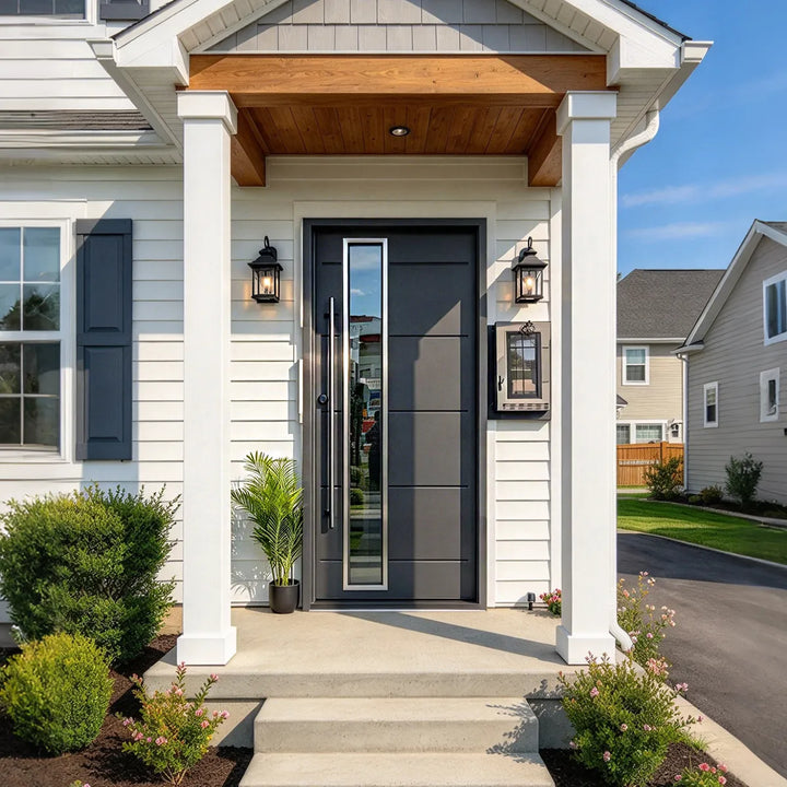 artisan-custom-exterior-pivot-iron-door-vertical-tempered-glass-with-stainless-steel-trim-long-pull-handle-aed-artisanentrydoors