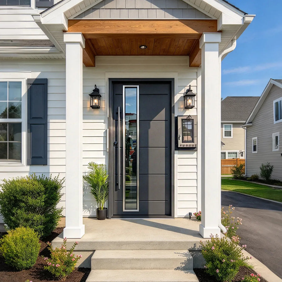 artisan-custom-exterior-pivot-iron-door-vertical-tempered-glass-with-stainless-steel-trim-long-pull-handle-aed-artisanentrydoors