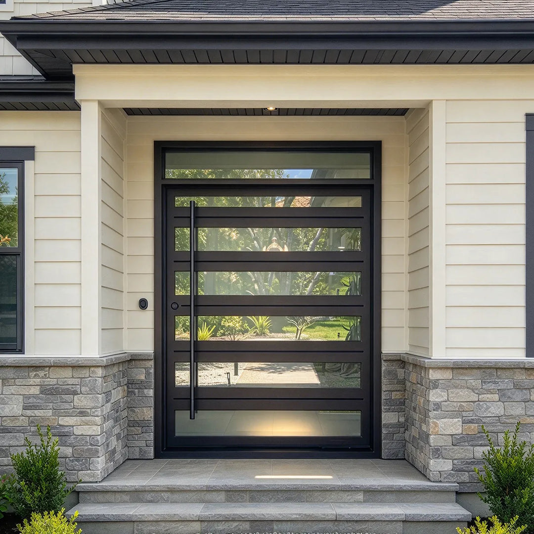 artisan-iron-entry-pivot-door-varied-size-horizontal-lites-recessed-grooves-aed-artisanentrydoors