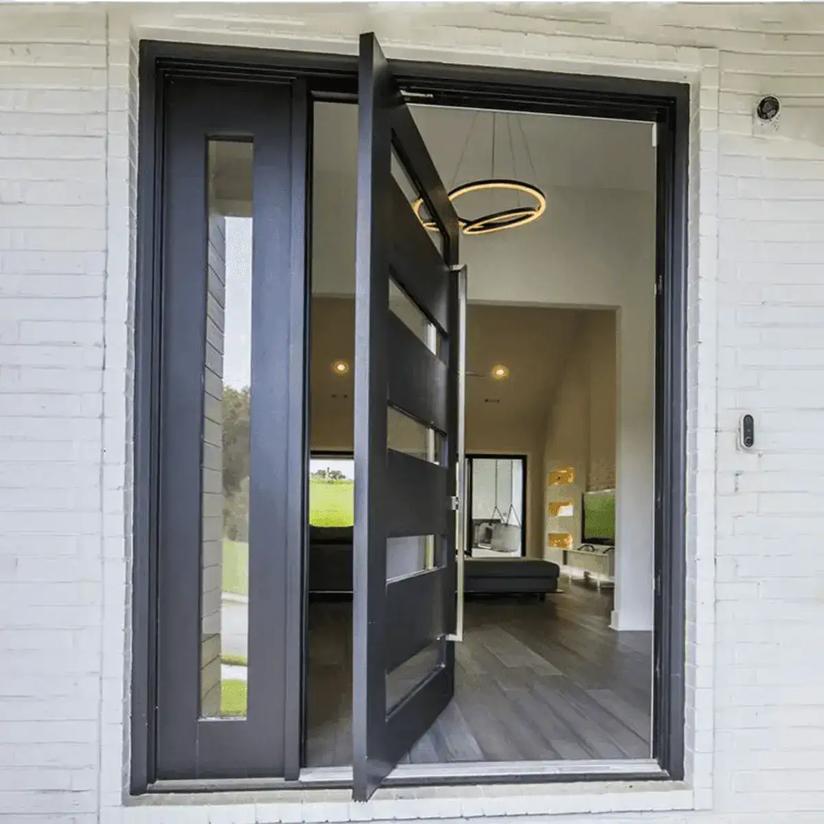 artisan-robust-iron-pivot-single-door-with-clear-glass-sidelight-simplistic-charm-aed-artisanentrydoors